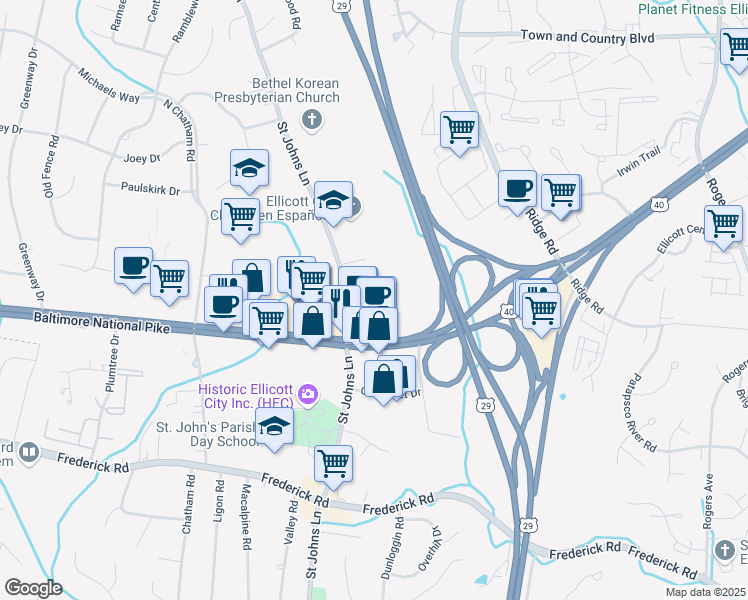 map of restaurants, bars, coffee shops, grocery stores, and more near 9081 Uptown Road in Ellicott City