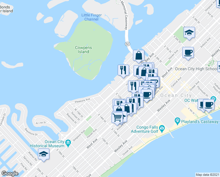 map of restaurants, bars, coffee shops, grocery stores, and more near 1201 Pleasure Avenue in Ocean City