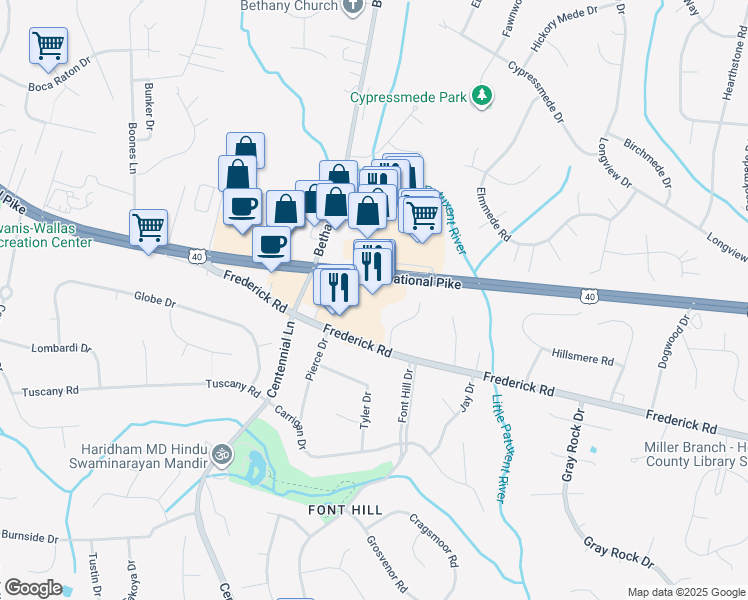 map of restaurants, bars, coffee shops, grocery stores, and more near 10021 Baltimore National Pike in Ellicott City