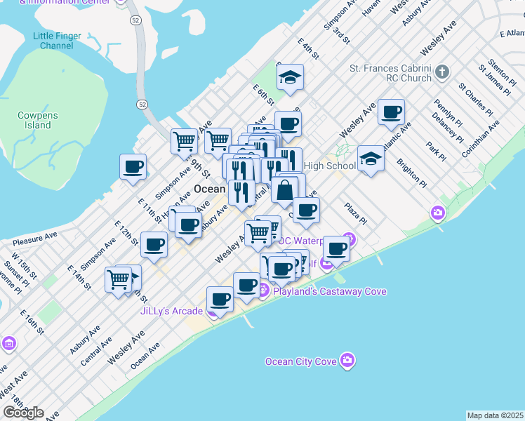 map of restaurants, bars, coffee shops, grocery stores, and more near 820 Wesley Avenue in Ocean City