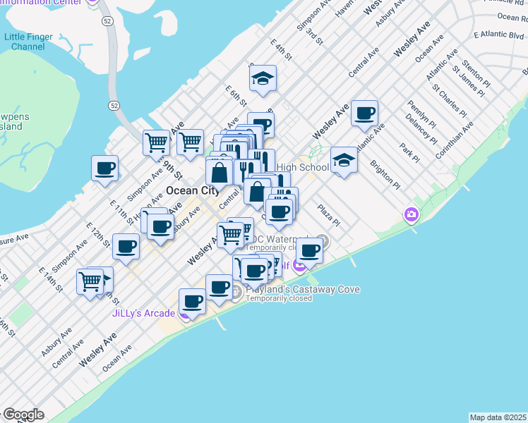 map of restaurants, bars, coffee shops, grocery stores, and more near 725 Wesley Avenue in Ocean City