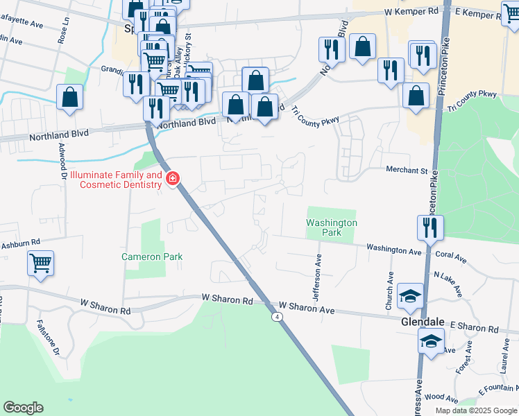 map of restaurants, bars, coffee shops, grocery stores, and more near 11174 Springfield Pike in Cincinnati