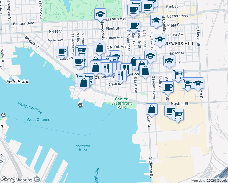 map of restaurants, bars, coffee shops, grocery stores, and more near 2922 Toone Street in Baltimore