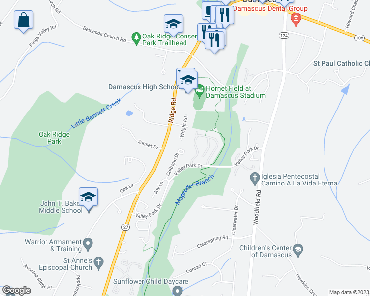 map of restaurants, bars, coffee shops, grocery stores, and more near 25642 Coltrane Drive in Damascus