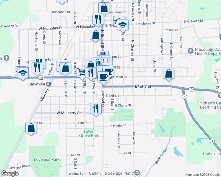 map of restaurants, bars, coffee shops, grocery stores, and more near 101-199 South East Street in Carlinville