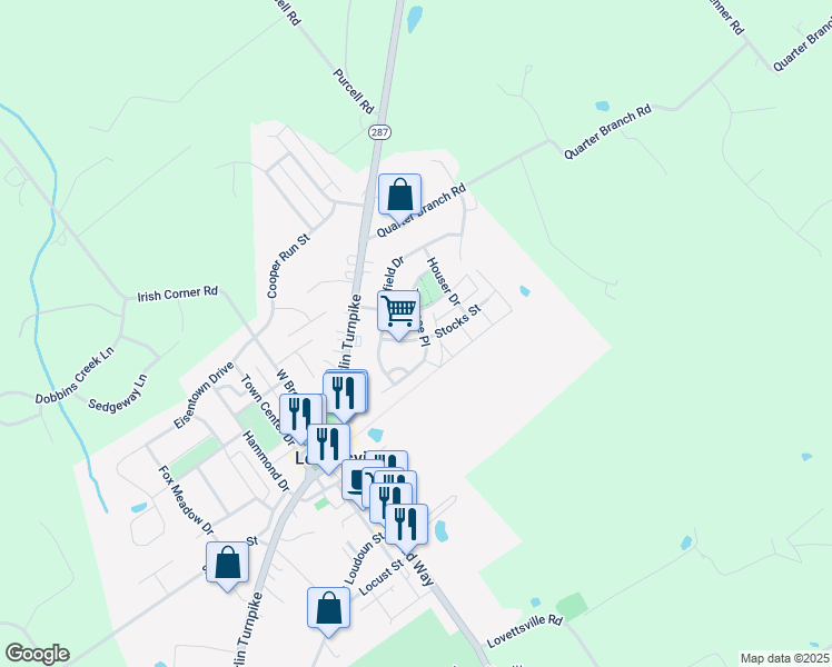 map of restaurants, bars, coffee shops, grocery stores, and more near 19 Stocks Street in Lovettsville