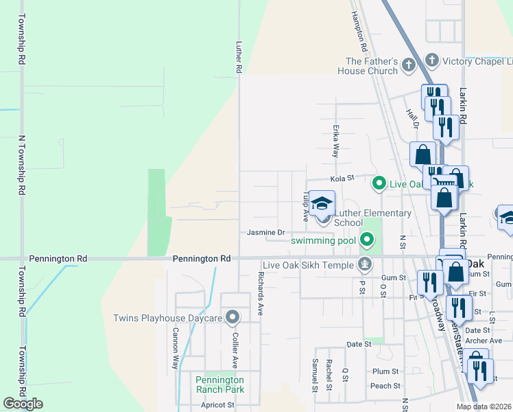 map of restaurants, bars, coffee shops, grocery stores, and more near 10301-10325 Luther Road in Live Oak