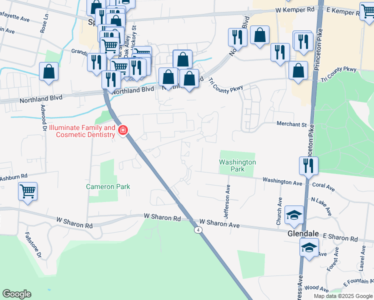 map of restaurants, bars, coffee shops, grocery stores, and more near 11174 Springfield Pike in Cincinnati