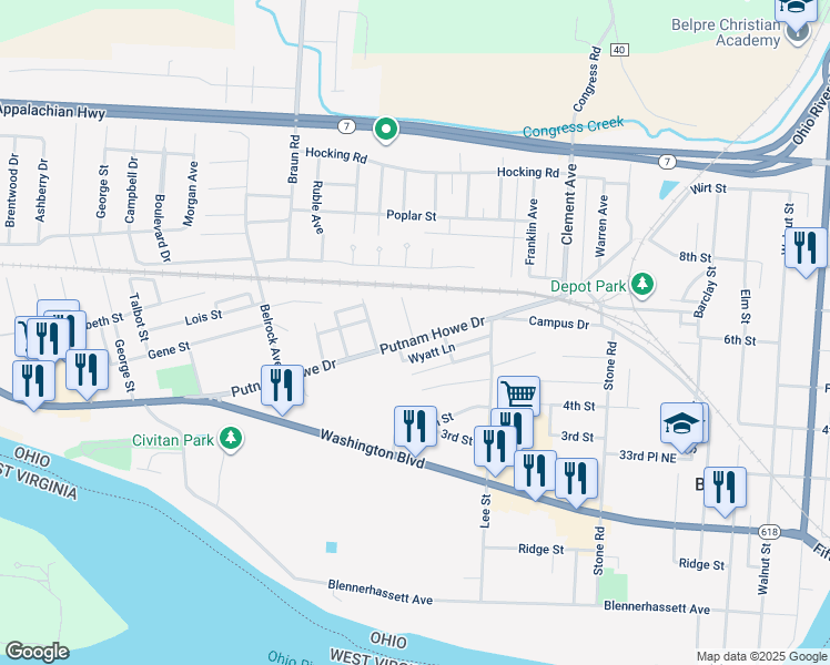 map of restaurants, bars, coffee shops, grocery stores, and more near 706 Oak Tree Lane in Belpre
