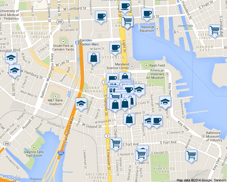 map of restaurants, bars, coffee shops, grocery stores, and more near 916 S Charles St in Baltimore