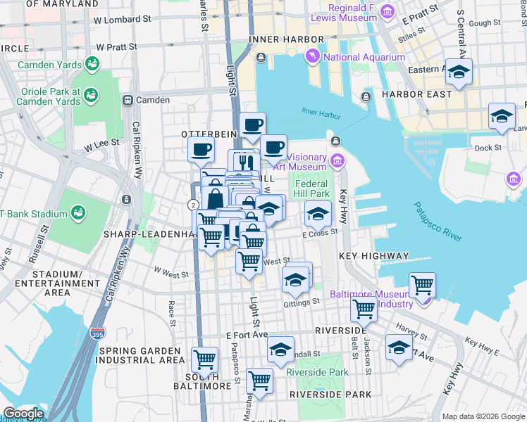 map of restaurants, bars, coffee shops, grocery stores, and more near 912 William Street in Baltimore