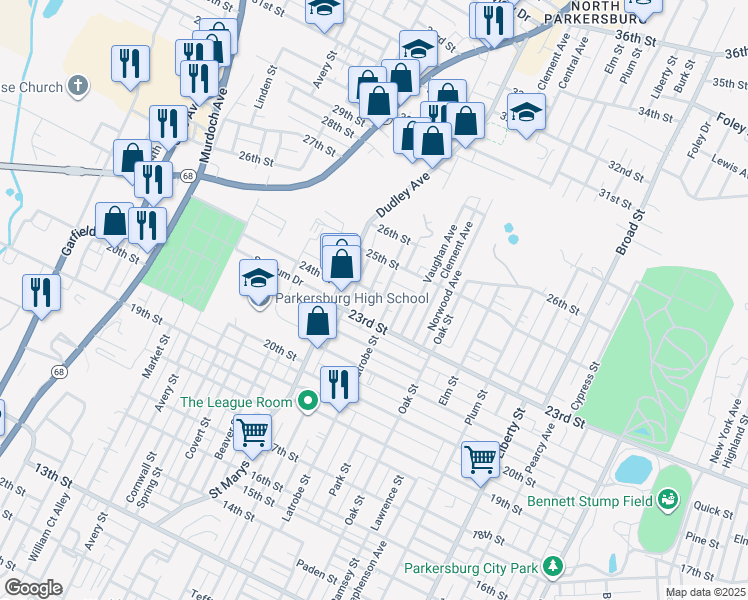 map of restaurants, bars, coffee shops, grocery stores, and more near 2402 Lynn Street in Parkersburg