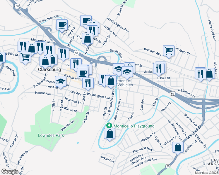 map of restaurants, bars, coffee shops, grocery stores, and more near 123 West Main Street in Clarksburg