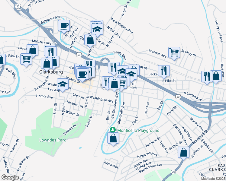 map of restaurants, bars, coffee shops, grocery stores, and more near 123 West Main Street in Clarksburg
