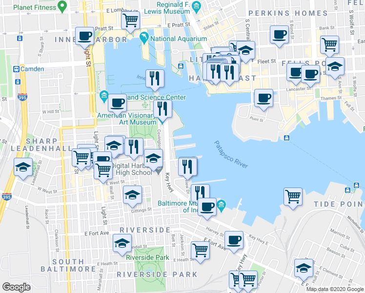 map of restaurants, bars, coffee shops, grocery stores, and more near 636 Ponte Villas South in Baltimore