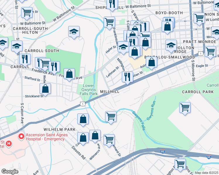 map of restaurants, bars, coffee shops, grocery stores, and more near 523 Brunswick Street in Baltimore
