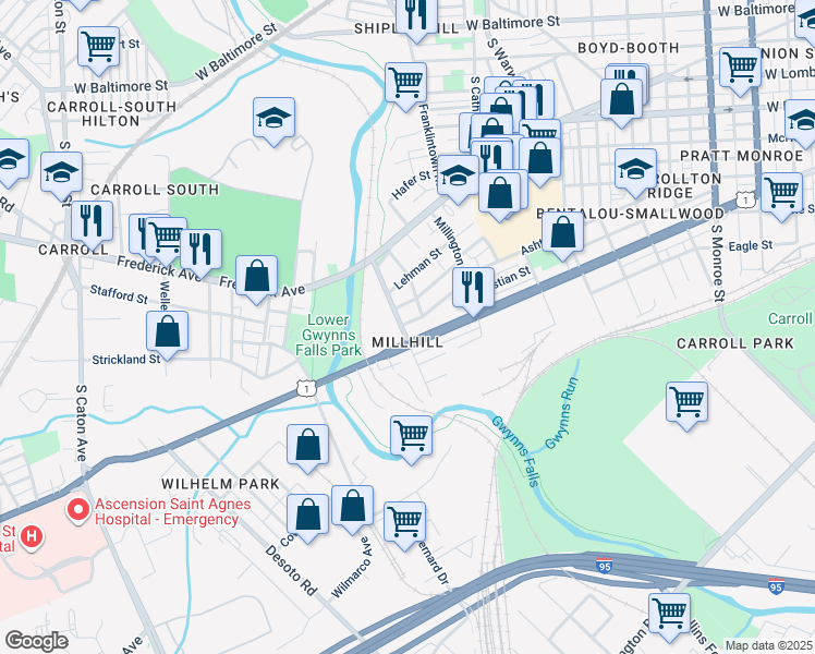 map of restaurants, bars, coffee shops, grocery stores, and more near 523 Brunswick Street in Baltimore