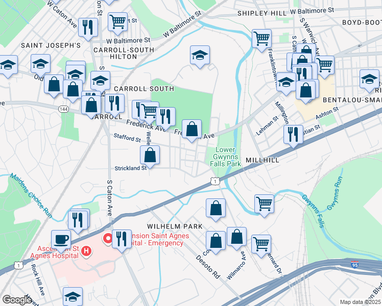 map of restaurants, bars, coffee shops, grocery stores, and more near 2911 Stafford Street in Baltimore