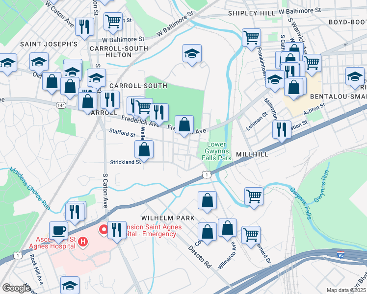 map of restaurants, bars, coffee shops, grocery stores, and more near 2911 Stafford Street in Baltimore