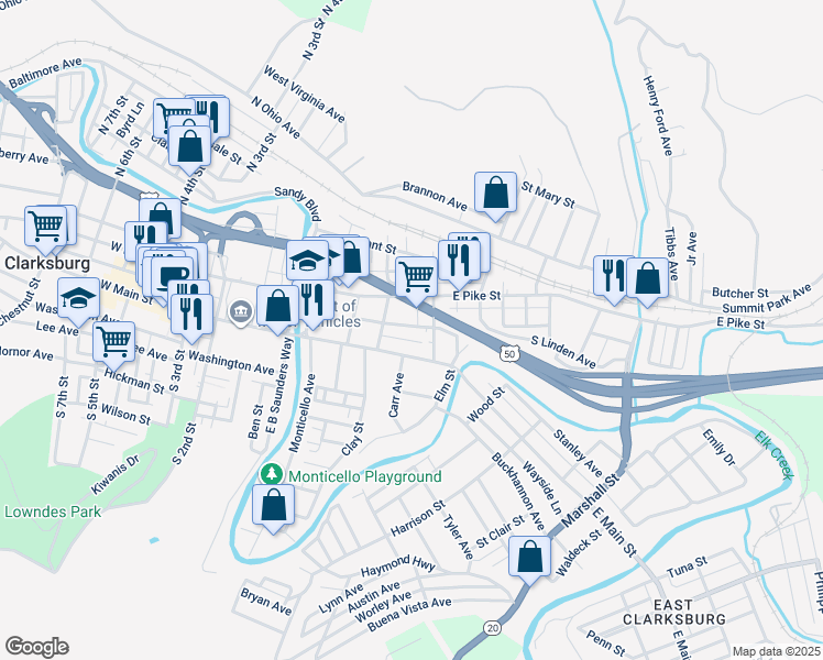 map of restaurants, bars, coffee shops, grocery stores, and more near 212 Meigs Avenue in Clarksburg