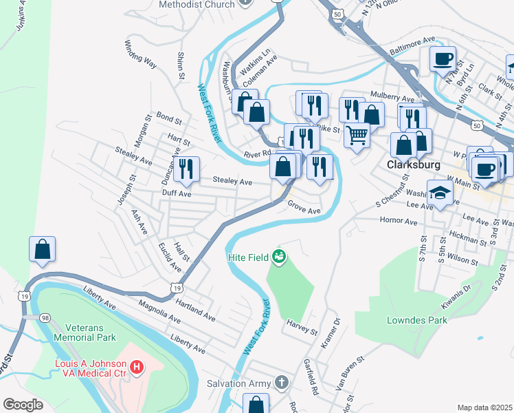 map of restaurants, bars, coffee shops, grocery stores, and more near 318-322 Duff Avenue in Clarksburg