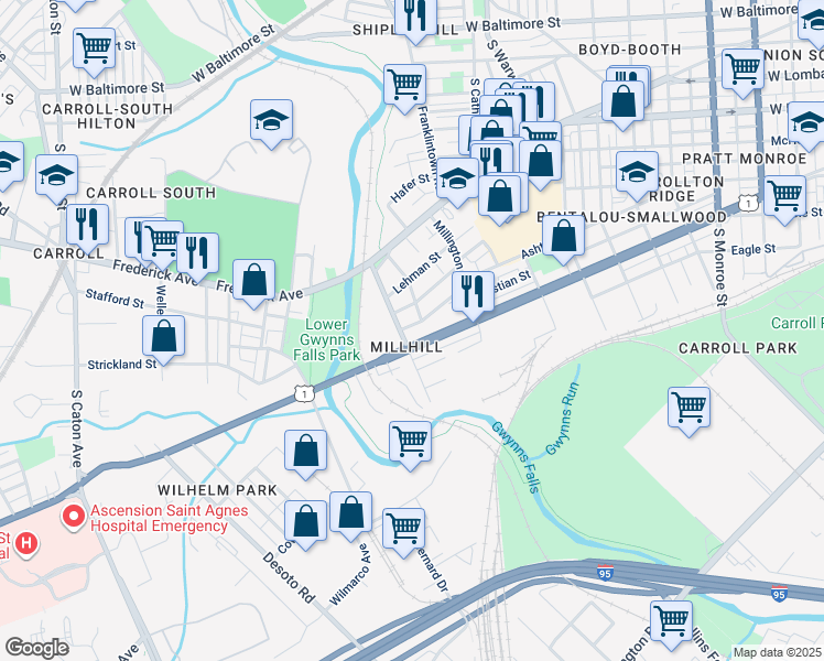map of restaurants, bars, coffee shops, grocery stores, and more near 2699 Saint Benedict Street in Baltimore