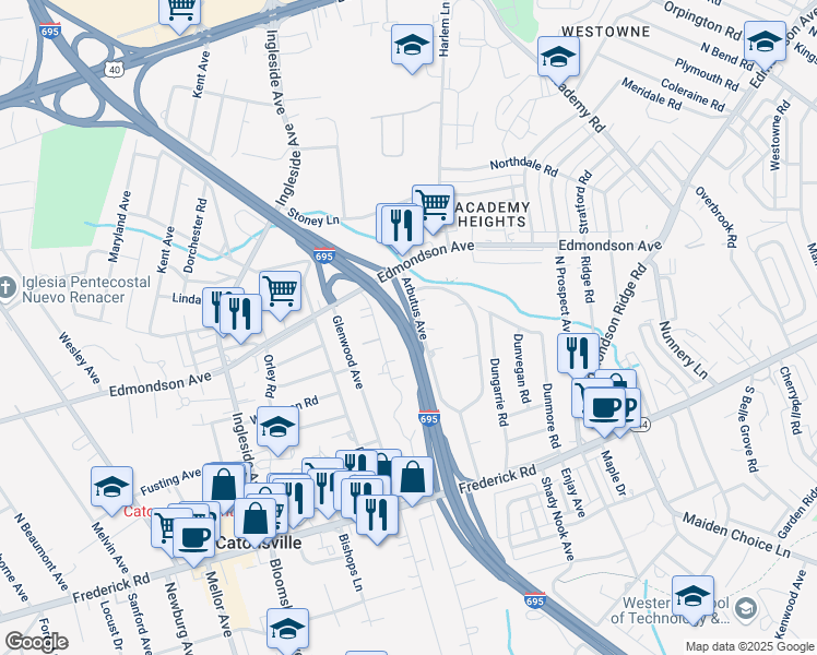 map of restaurants, bars, coffee shops, grocery stores, and more near Interstate 695 in Baltimore