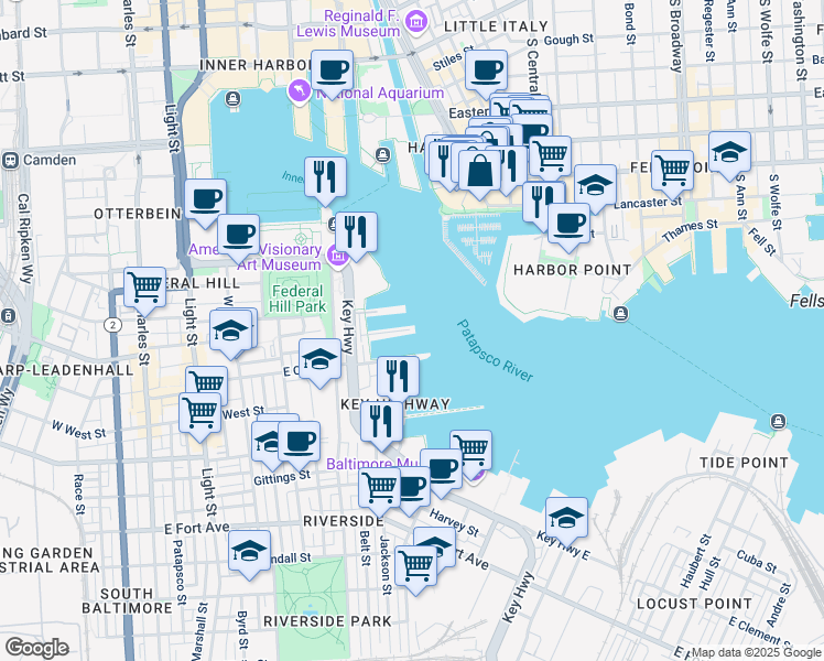 map of restaurants, bars, coffee shops, grocery stores, and more near 100 Harborview Drive in Baltimore
