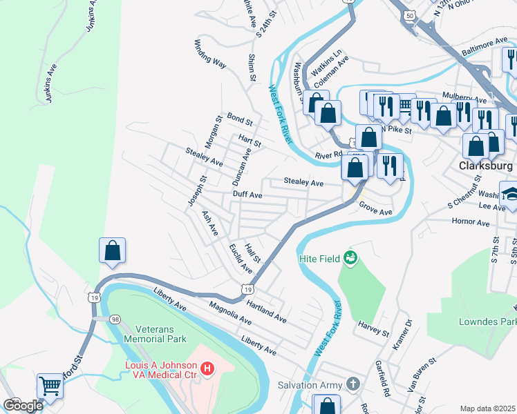 map of restaurants, bars, coffee shops, grocery stores, and more near 435 Duff Avenue in Clarksburg