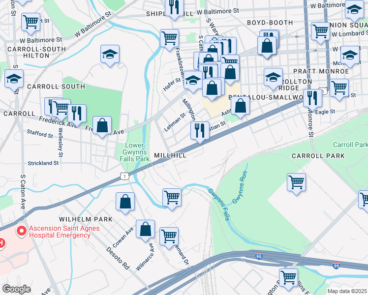 map of restaurants, bars, coffee shops, grocery stores, and more near 2644 Wilkens Avenue in Baltimore