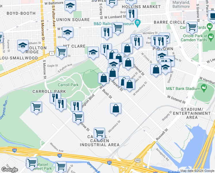 map of restaurants, bars, coffee shops, grocery stores, and more near 1436 Ward Street in Baltimore