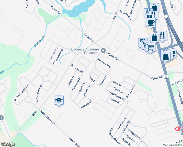 map of restaurants, bars, coffee shops, grocery stores, and more near 640 Widener Lane in Smyrna