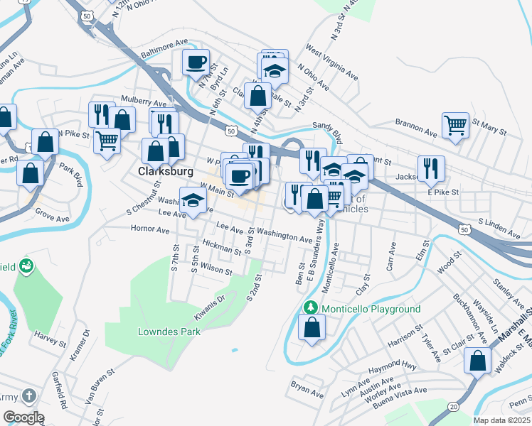 map of restaurants, bars, coffee shops, grocery stores, and more near 217 West Main Street in Clarksburg