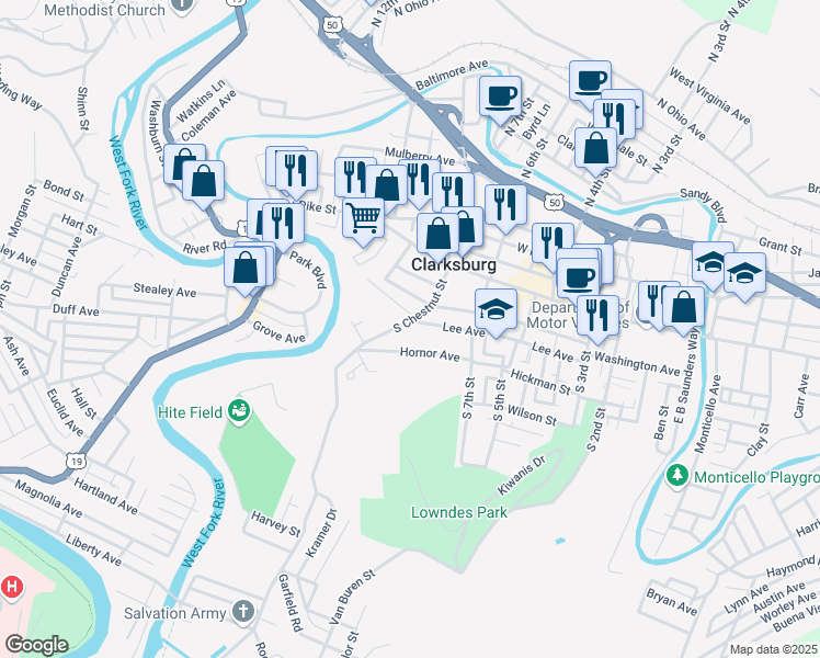 map of restaurants, bars, coffee shops, grocery stores, and more near 310 South Chestnut Street in Clarksburg