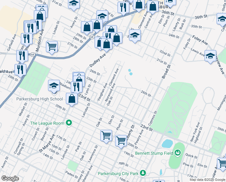 map of restaurants, bars, coffee shops, grocery stores, and more near 2417 Oak Street in Parkersburg