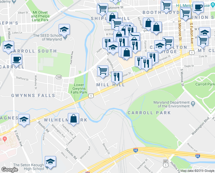 map of restaurants, bars, coffee shops, grocery stores, and more near 2644 Wilkens Avenue in Baltimore