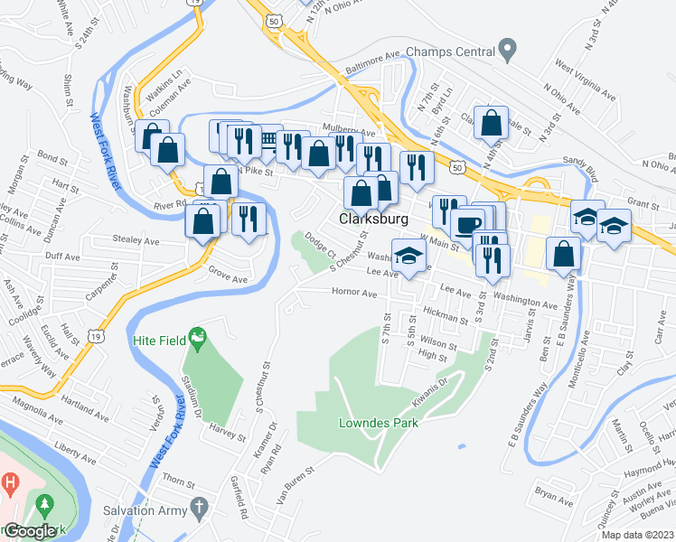 map of restaurants, bars, coffee shops, grocery stores, and more near 515 Lee Avenue in Clarksburg