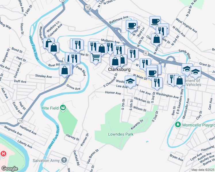 map of restaurants, bars, coffee shops, grocery stores, and more near 517 Lee Avenue in Clarksburg