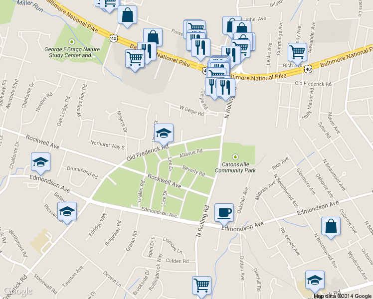 map of restaurants, bars, coffee shops, grocery stores, and more near 1926 Altavue Road in Catonsville
