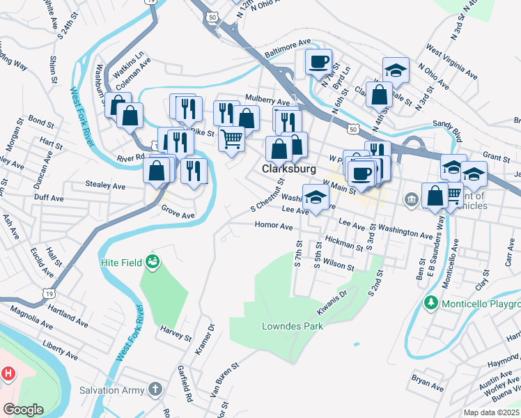 map of restaurants, bars, coffee shops, grocery stores, and more near 310 South Chestnut Street in Clarksburg