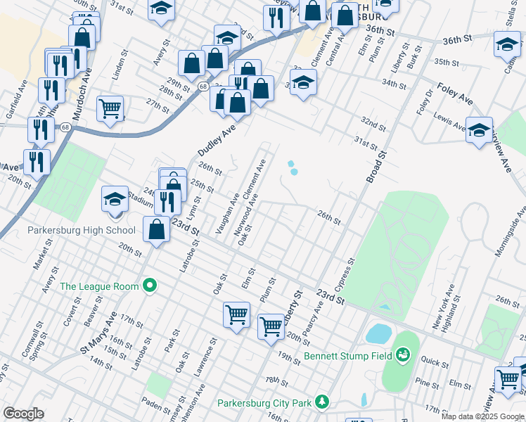 map of restaurants, bars, coffee shops, grocery stores, and more near 2417 Oak Street in Parkersburg