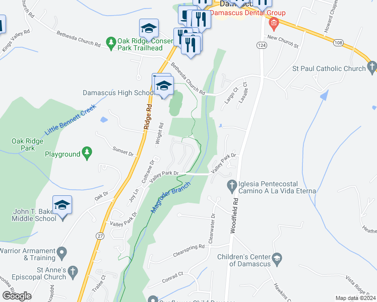 map of restaurants, bars, coffee shops, grocery stores, and more near 47 Shelldrake Court in Damascus