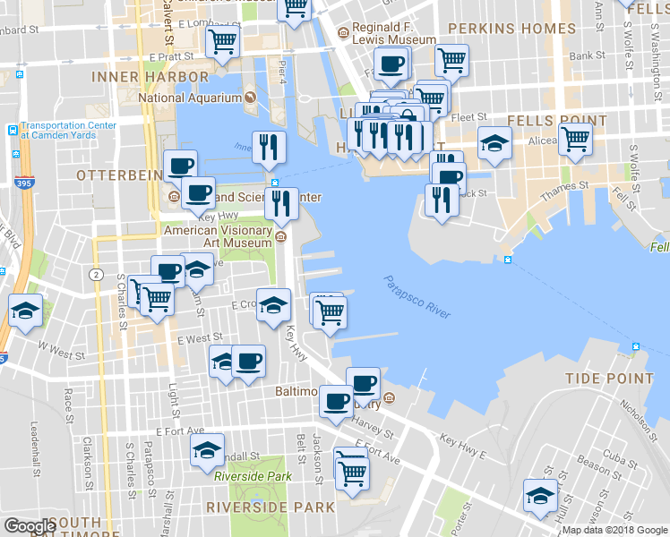 map of restaurants, bars, coffee shops, grocery stores, and more near 650 Ponte Villas North in Baltimore