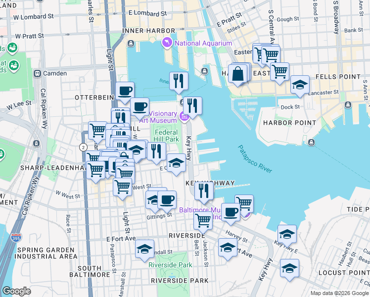 map of restaurants, bars, coffee shops, grocery stores, and more near 909 Covington Street in Baltimore