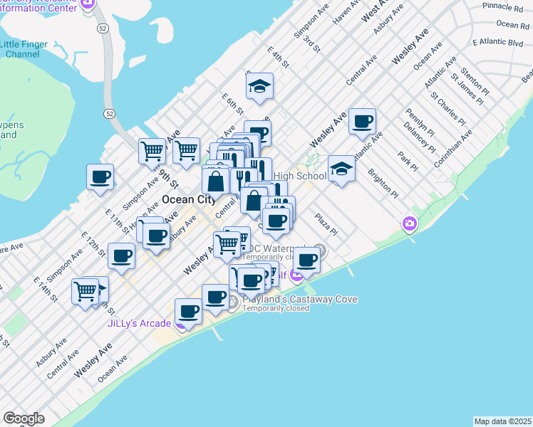 map of restaurants, bars, coffee shops, grocery stores, and more near 725 Wesley Avenue in Ocean City