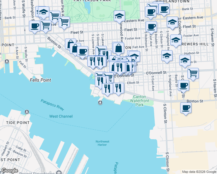 map of restaurants, bars, coffee shops, grocery stores, and more near 2702 Lighthouse Point in Baltimore
