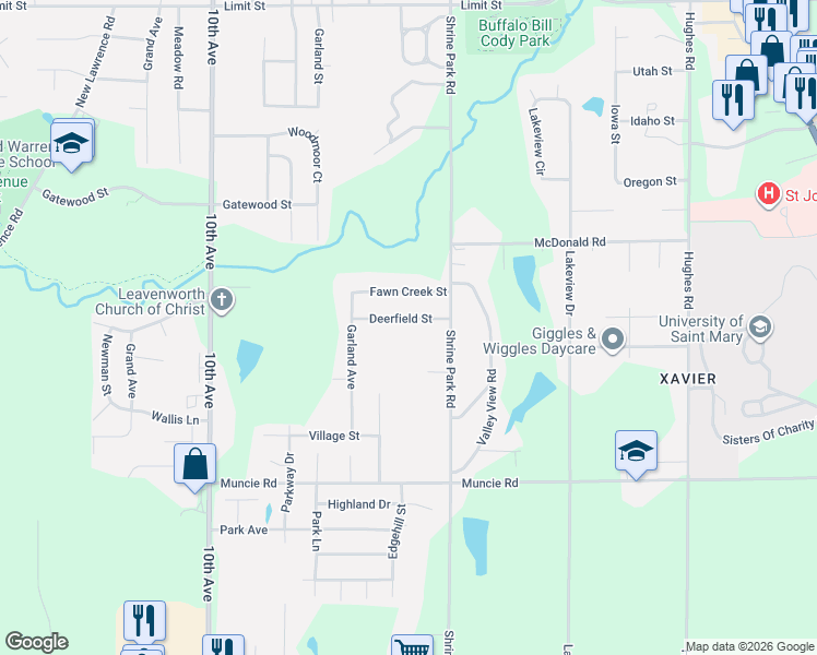 map of restaurants, bars, coffee shops, grocery stores, and more near 721 Deerfield Street in Leavenworth
