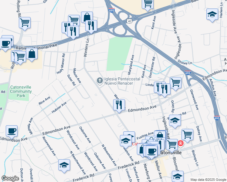 map of restaurants, bars, coffee shops, grocery stores, and more near 133 Wesley Avenue in Catonsville