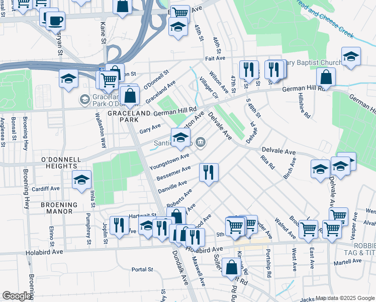 map of restaurants, bars, coffee shops, grocery stores, and more near 6738 Youngstown Avenue in Baltimore