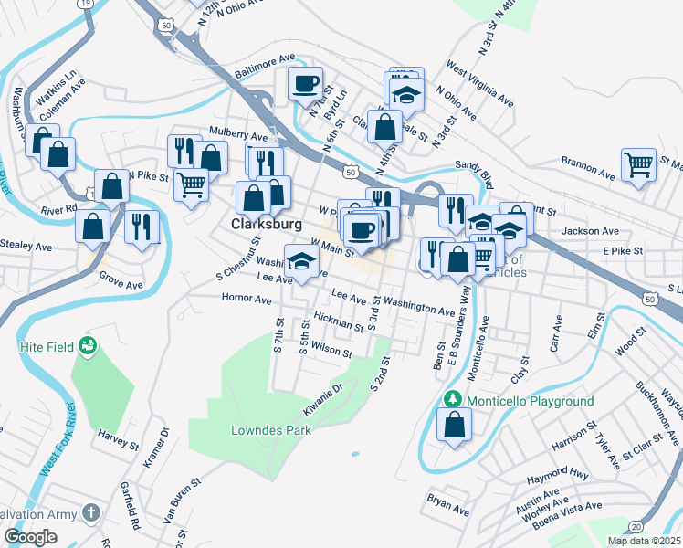 map of restaurants, bars, coffee shops, grocery stores, and more near 360 Washington Avenue in Clarksburg